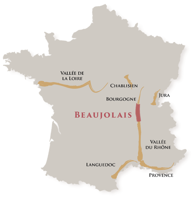 Carte des vignobles de France : le Beaujolais, entre la Bourgogne et la Vallée du Rhône